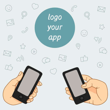 A set of line drawings of hands with smartphones - Internet technologies and services in the smartphone - entertainment and business via cloud technologiesのイラスト素材