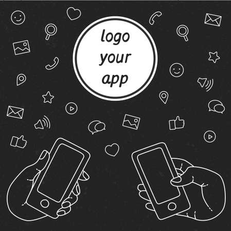 A set of line drawings of hands with smartphones - Internet technologies and services in the smartphone - entertainment and business via cloud technologiesのイラスト素材