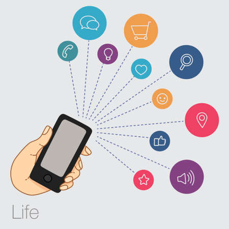 A set of line drawings of hands with smartphones - Internet technologies in the smartphone - Online services in the smartphoneのイラスト素材