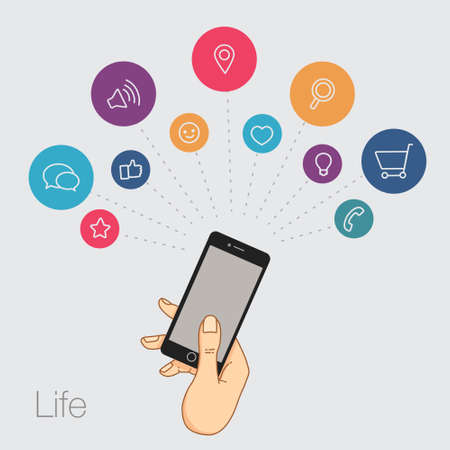 A set of line drawings of hands with smartphones - Internet technologies and services in the smartphoneのイラスト素材