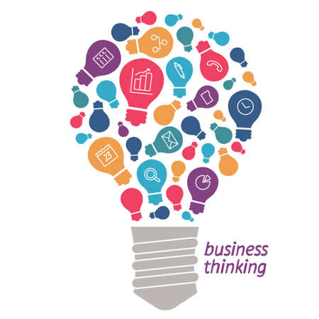 Light bulb with icons of tools and services. Icons of digital tools in a simple style. Linear icon on the topic of businessのイラスト素材
