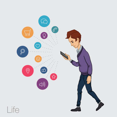 walking guy with a mobile phone - app and storeのイラスト素材