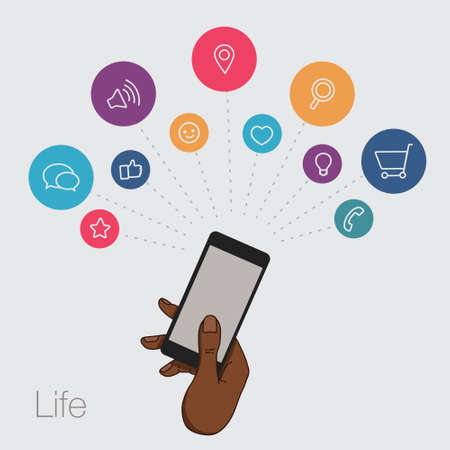 A set of line drawings of hands with smartphones - Internet technologies in the smartphone - Online services in the smartphone - entertainment and business via cloud technologiesのイラスト素材