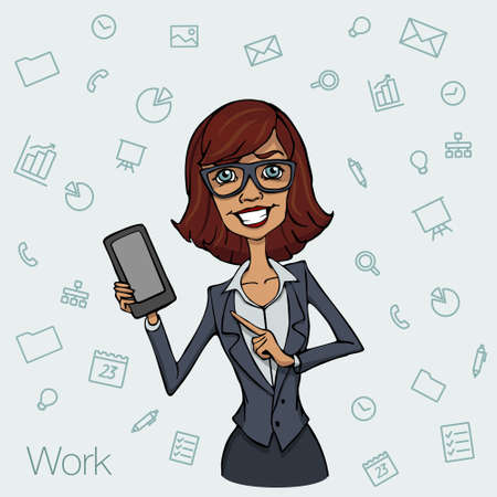 Presentation of a mobile application, startup or a website on a smartphone screen. Businesswoman standing and shows the screen of your mobile phoneのイラスト素材