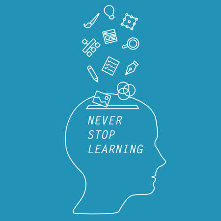 Picture for online courses, educational training. Profile of human head with icons of modern professional programs to work - for designersのイラスト素材