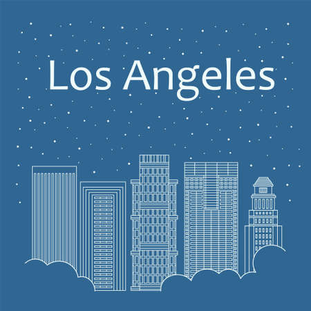 Metropolis in a linear style - the snow is falling. Night life and starry sky in Los Angeles. Building city of Los Angeles - line styleのイラスト素材