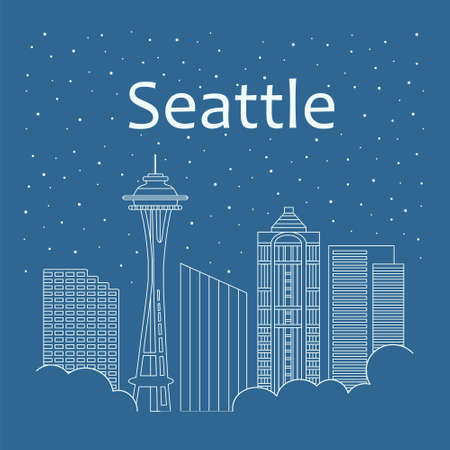 Metropolis in a linear style - the snow is falling. Night life and starry sky in Seattle. Building city of Seattle - line styleのイラスト素材