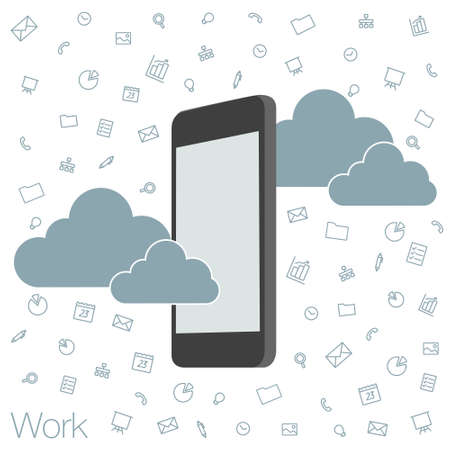 Cloud technologies and services in the smartphone. Tools and programs on mobile devices. Presentation apps for startup. Illustration of cloud software in the mobile.のイラスト素材