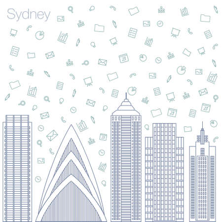Cloud technologies and services in the world wide web. Hackathon, workshop, seminar, lecture in the metropolis Sydney. The city is in a flat style for presentations, posters, banners.のイラスト素材