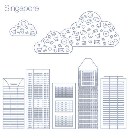 Cloud technologies and services in the world wide web. Hackathon, workshop, seminar, lecture in the metropolis Singapore. The city is in a flat style for presentations, posters, banners.のイラスト素材