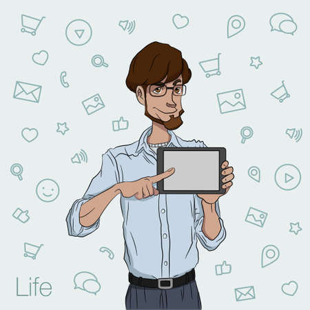 Illustration of an office  employee showing tablet screen for presentation applications. Tools for remote working via mobile devices. Man with tablet pointing fingerのイラスト素材