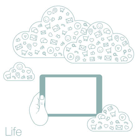 Icons set in flat style on background. Illustration of cloud technology and services. Hand with a tablet. Social media and networking in devicesのイラスト素材