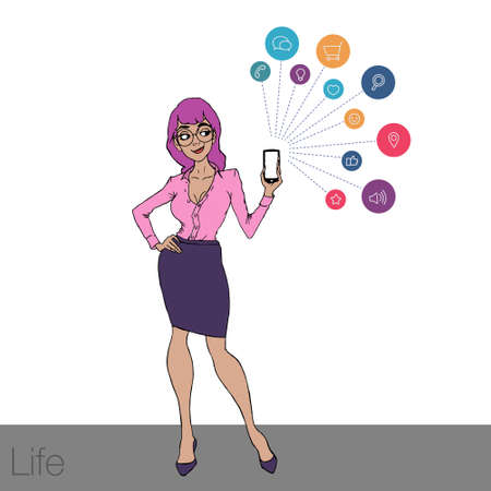 Illustration demonstration of the smartphone screen for presentations, articles, slide shows. Cloud services and technologies on mobile devices. Mobile apps for remote work and networking.のイラスト素材