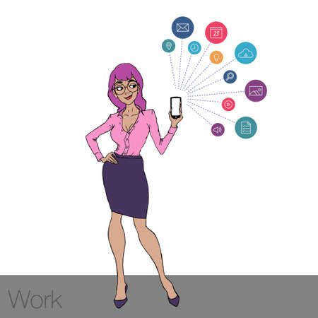 Illustration demonstration of the smartphone screen for presentations, articles, slide shows. Cloud services and technologies on mobile devices. Mobile apps for remote work and networking.のイラスト素材