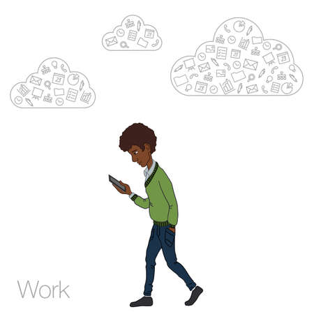 Online services in the smartphone. Entertainment and business via cloud technologies. Walking guy with a mobile phone. Icons applications smartphone.のイラスト素材