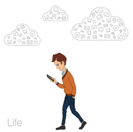 Online services in the smartphone. Entertainment and business via cloud technologies. Walking guy with a mobile phone. Icons applications smartphone.のイラスト素材
