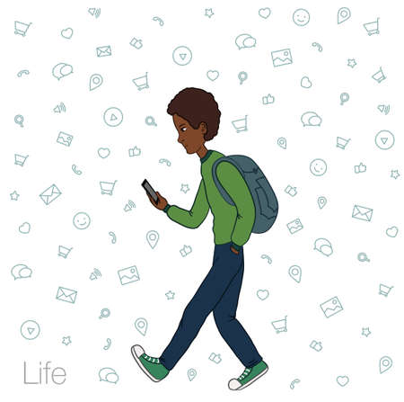 Online services in the smartphone. Entertainment and business via cloud technologies. Walking guy with a mobile phone. Icons applications smartphone.のイラスト素材