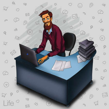 Work in office - project Manager, designer, programmer. Cloud technologies and services for remote team.  Illustration of working environment. Man in workplace with laptopの写真素材