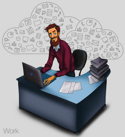 Work in office - project Manager, designer, programmer. Cloud technologies and services for remote team.  Illustration of working environment. Man in workplace with laptopの写真素材