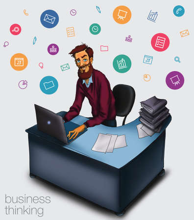 Work in office - project Manager, designer, programmer. Cloud technologies and services for remote team.  Illustration of working environment. Man in workplace with laptopの写真素材
