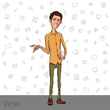 Business speech near the flip chart.  Presentation of business product, project, report at the conference. Man in shirt tells the story. Storytelling  and set of charactersのイラスト素材