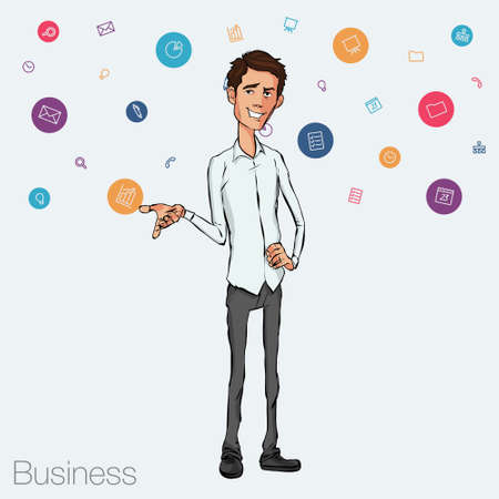 Business speech near the flip chart.  Presentation of business product, project, report at the conference. Man in shirt tells the story. Storytelling  and set of charactersのイラスト素材
