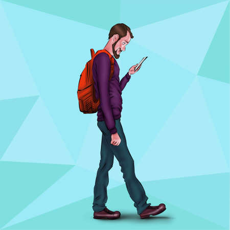 Online services in the smartphone. Entertainment and business via cloud technologies. Walking guy with a mobile phone. Icons applications smartphone.の写真素材
