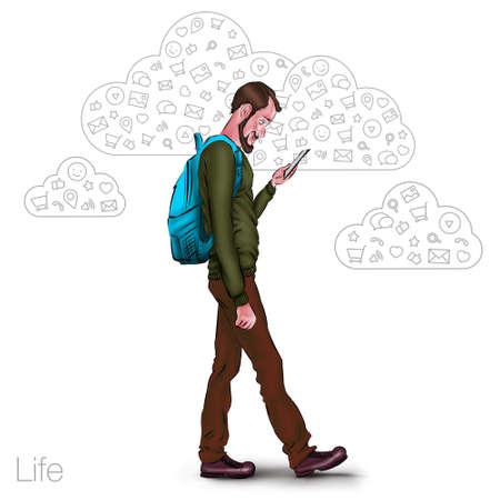 Online services in the smartphone. Entertainment and business via cloud technologies. Walking guy with a mobile phone. Icons applications smartphone.の写真素材