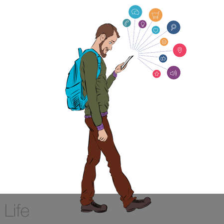 Online services in the smartphone. Entertainment and business via cloud technologies. Walking guy with a mobile phone. Icons applications smartphone.のイラスト素材