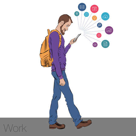 Online services in the smartphone. Entertainment and business via cloud technologies. Walking guy with a mobile phone. Icons applications smartphone.のイラスト素材