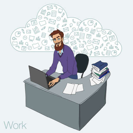 Work in office - project Manager, designer, programmer. Cloud technologies and services for remote team.  Vector illustration of working environment. Man in workplace with laptopのイラスト素材