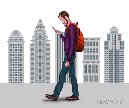 Online services on the smartphone. Entertainment and business through cloud technology. Man is walking in the city of New York with a mobile phone. Illustration for presentation of mobile appの写真素材