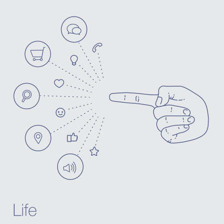 Hand keeps mobile with set of line icons. Demonstration screen of display for market. Internet trends and social network in the smartphone. Vector flat illustration of cloud service and technology.のイラスト素材