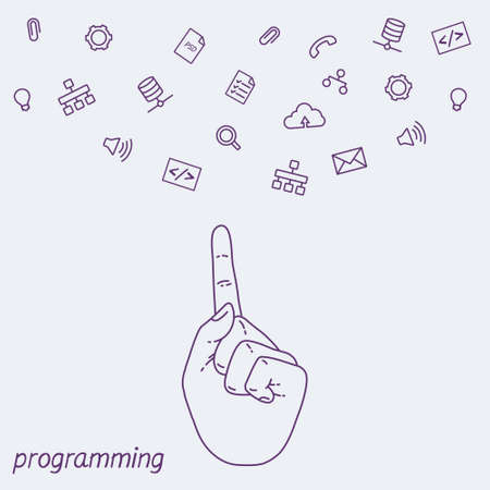 Hand set of line icons. Demonstration internet and social network. Vector flat illustration of cloud service and technology. Sharing of working file and document project.  Tools for business and work.のイラスト素材