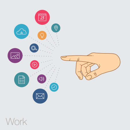 Hand set of line icons. Demonstration internet and social network. Vector flat illustration of cloud service and technology. Sharing of working file and document project.  Tools for business and work.のイラスト素材