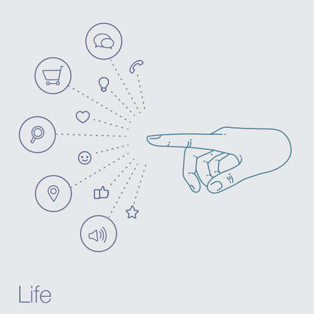 Hand set of line icons. Demonstration internet and social network. Vector flat illustration of cloud service and technology. Sharing of working file and document project.  Tools for business and work.のイラスト素材