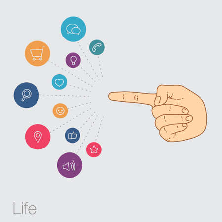 Hand set of line icons. Demonstration internet and social network. Vector flat illustration of cloud service and technology. Sharing of working file and document project.  Tools for business and work.のイラスト素材
