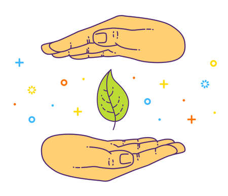 Vector flat style on background. Illustration of eco design. Hand with green leaf over white backgroundのイラスト素材