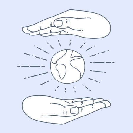 Vector flat style on background. Illustration of Hand Grasping the World. Globe in hands isolated over white backgroundのイラスト素材