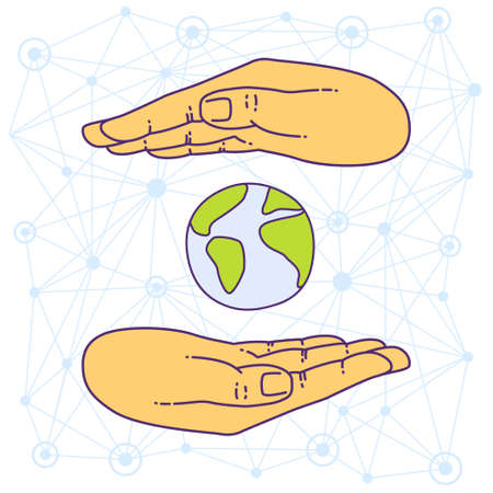 Vector flat style on background. Illustration of Hand Grasping the World. Globe in hands isolated over white backgroundのイラスト素材