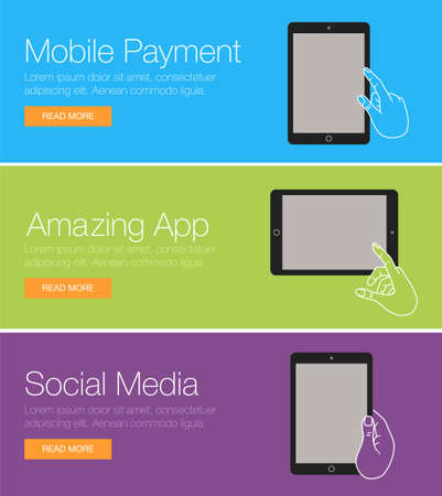 Flat design concept for website template - mobile app, smartphone, social media, business. Web banners or headers vector illustration. Web banner for presentation. Cartoon characters with mobileのイラスト素材