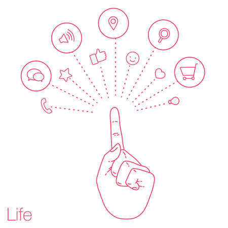 Hand set of line icons. Demonstration internet and social network. Vector flat illustration of cloud service and technology. Sharing of working file and document project.  Tools for business and work.のイラスト素材