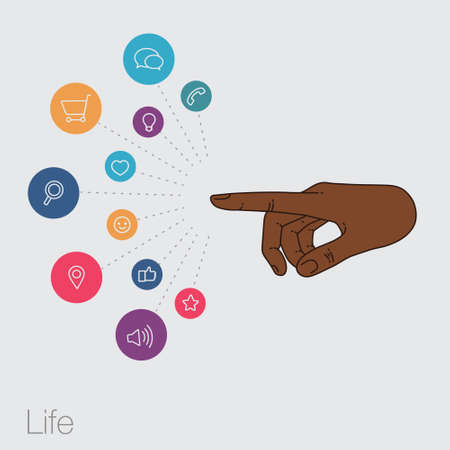 Hand set of line icons. Demonstration internet and social network. Vector flat illustration of cloud service and technology. Sharing of working file and document project.  Tools for business and work.のイラスト素材