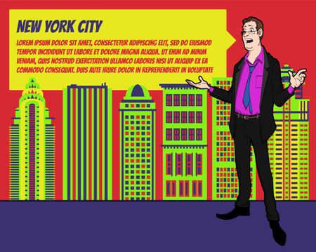 Presentation on background of city.  Businees man in the suit. Character with bubble talk. Speech presentation of business product, project, speech at conference. Conference in New Yorkのイラスト素材