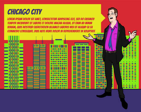 Presentation on background of city.  Businees man in the suit. Character with bubble talk. Speech presentation of business product, project, speech at conference. Conference in Chicagoのイラスト素材