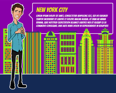 Presentation on background of city.  Businees man in the suit. Character with bubble talk. Speech presentation of business product, project, speech at conference. Conference in New Yorkのイラスト素材
