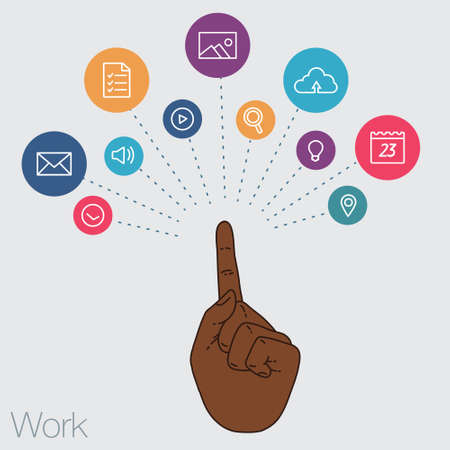 Sharing of working files and reference materials employees project. Tools for business and work. Cloud technologies and services on the devices. Social networking and media, technologies and trends.のイラスト素材