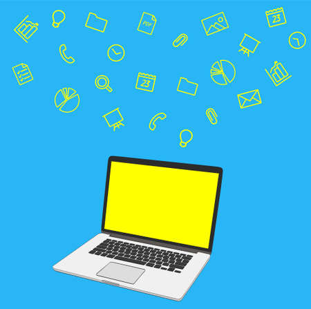 PC laptop for work and social networks. Display laptop for banners, presentations, website. Set of flat vector icons. Illustration for background of banner. Presentation template of  computer screenのイラスト素材