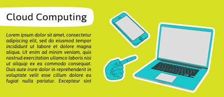 Illustration laptop for banners, presentations, website. Presentation template of  computer screen. Cloud tools for business and work. Cloud technology and service for social networking, media, laptopのイラスト素材