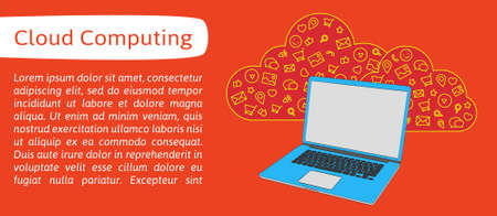 Illustration laptop for banners, presentations, website. Presentation template of  computer screen. Cloud tools for business and work. Cloud technology and service for social networking, media, laptopのイラスト素材